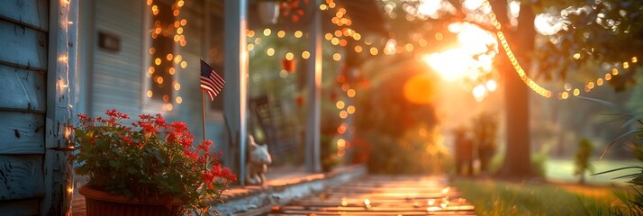 Patriotic decor highlighting front porch entrance on blurred background with copy space. Independence Day USA July 4