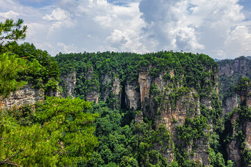Natural quartz sandstone pillars the Avatar Hallelujah Mountain (1080) located in the Zhangjiajie National Forest Park in the Wulingyuan Area in northwestern Hunan Province China.