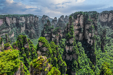 Natural quartz sandstone pillars the Avatar Hallelujah Mountain (1080) located in the Zhangjiajie National Forest Park in the Wulingyuan Area in northwestern Hunan Province China.