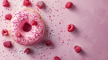 An enticing pink donut adorned with raspberry and sugar sprinkles sits atop a soft pastel pink background creating a festive backdrop perfect for celebrating occasions like Valentine s Day 