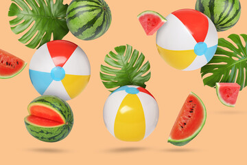 Summer party. Inflatable balls, watermelons and tropical leaves in air on peach color background