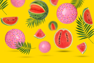 Summer party. Inflatable balls, watermelons and palm leaves in air on yellow background