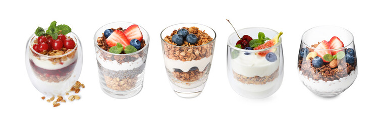 Delicious granola with yogurt and berries isolated on white, set