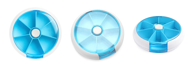 Pill organizer isolated on white, views from different angles