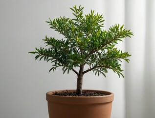 Obraz premium Studio photo of a small young tree in a pot on a white background with normal lighting