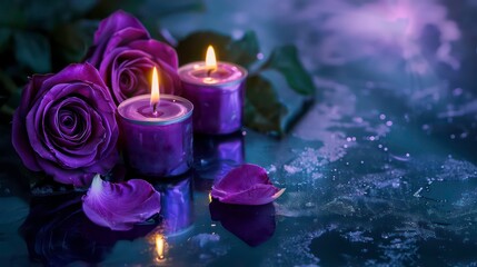 Attributes related to funerals purple roses and lit candles placed on dark mirrored background with room for writing. Generative AI