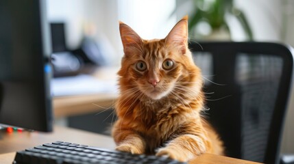 Ginger cat by computer owner working at home focus on cat s eyes
