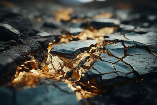 a close up of a crack in the ground with gold on it