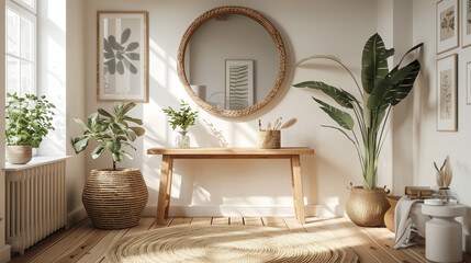 Fototapeta premium A Scandinavian-style hallway featuring a light wooden console table, round mirror, and potted plants, creating a welcoming entryway.