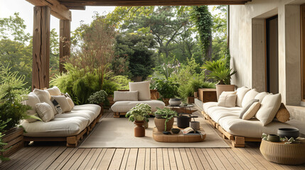 Fototapeta premium A Scandinavian-style outdoor patio with simple wooden furniture, lush greenery, and comfortable seating, creating a serene and inviting space.