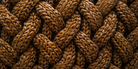 Detailed close-up of a brown knitted fabric with a thick braided pattern.