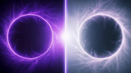 A pair of glowing electric rings with jagged, lightning-like edges in split lighting. The left ring emits a purple hue, while the right ring glows white. 