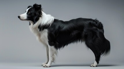 Fototapeta premium Border collie standing alone on a gray backdrop