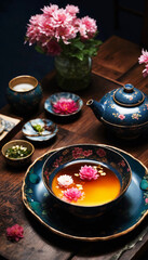 AI generated, photography, looking down, moody, Japanese tea set, dark brown wooden table, pink flowers, artistic, creative, tea ceremony, floral arrangement, dark aesthetic, vintage, elegant, dramati