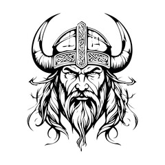 Fantastic Viking with Helmet, Armor on the White background. Hand-drawn illustration for mascot sport logo badge label sign poster emblem patch t-shirt printing.

