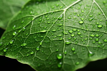 Obraz premium a close up of a green leaf with water droplets