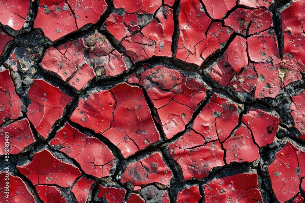 Poster the image is of a red surface with cracks and holes. the red color of the surface is striking and st