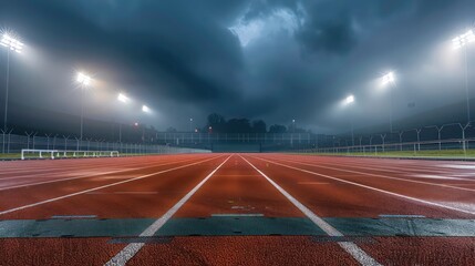 An empty running track under stadium lights evokes the quiet before the storm of competition, highlighting the path to victory. Generative AI