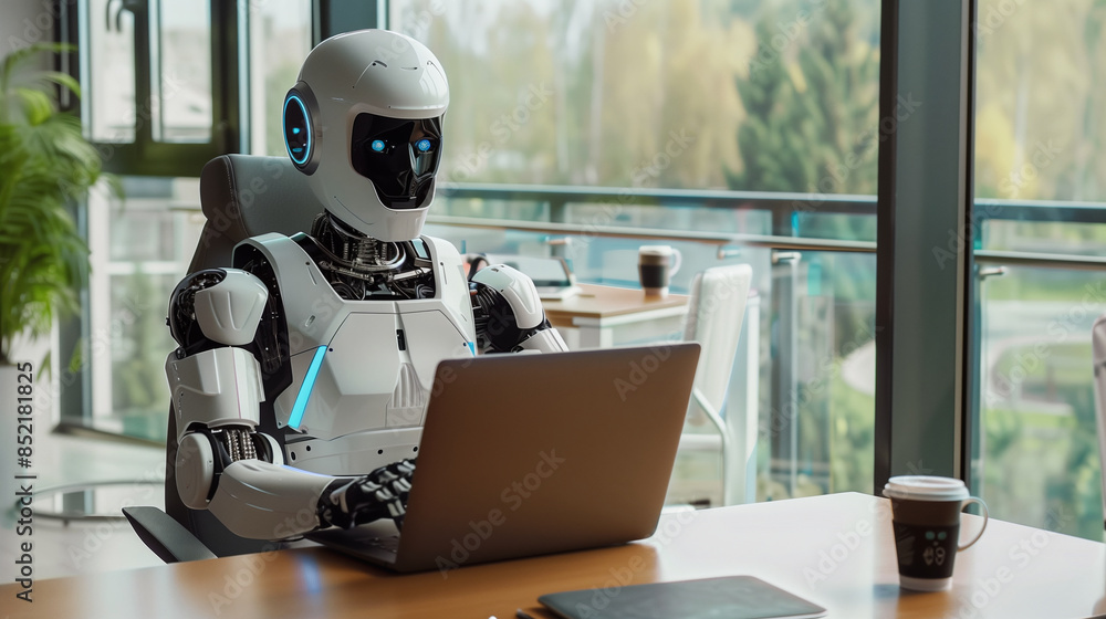 Poster ai replacing human in jobs concept photo. humanoid robot sitting at desk in office typing on laptop.