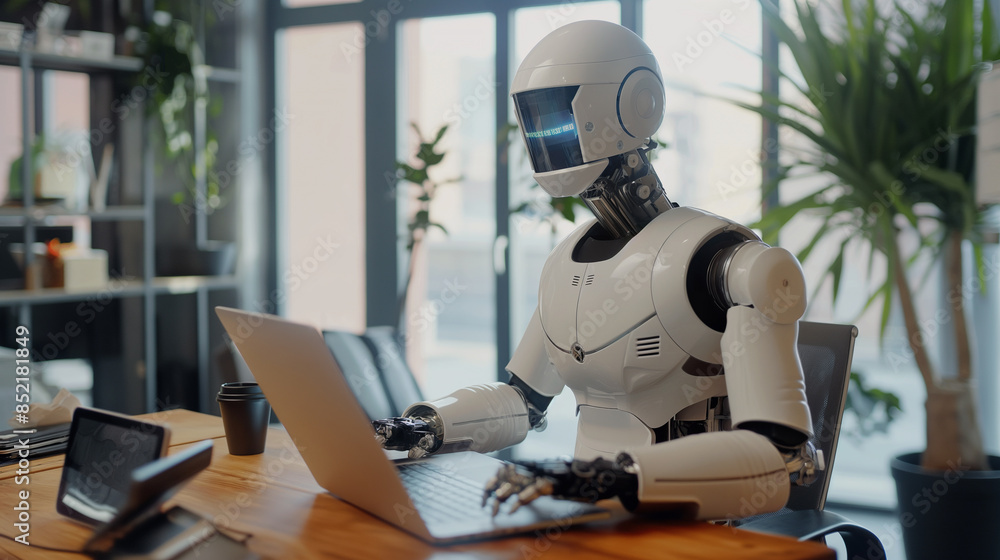 Poster ai replacing human in jobs concept photo. humanoid robot sitting at desk in office typing on laptop.
