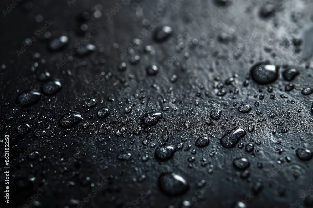Poster a close up of a wet surface with many drops of water. the image has a moody and mysterious feel to i