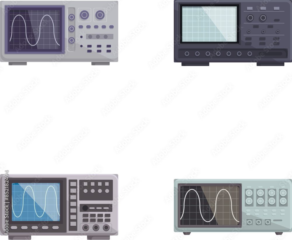 Poster four digital oscilloscopes with varying displays and controls, isolated for versatile use