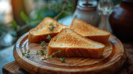 Buttered bread or toast in a triangular shape presented on a wooden platter