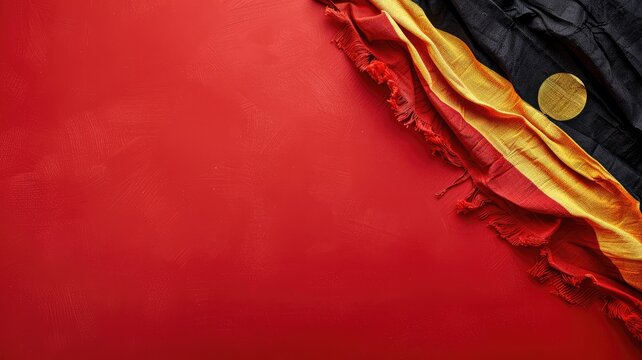 Aboriginal flag on red backdrop with folds