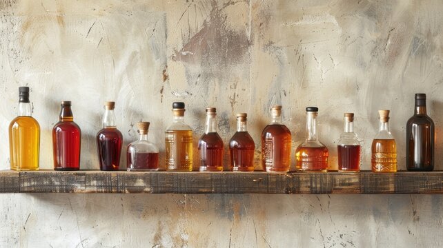 Various bottles with different types of liquor on rustic wooden shelf