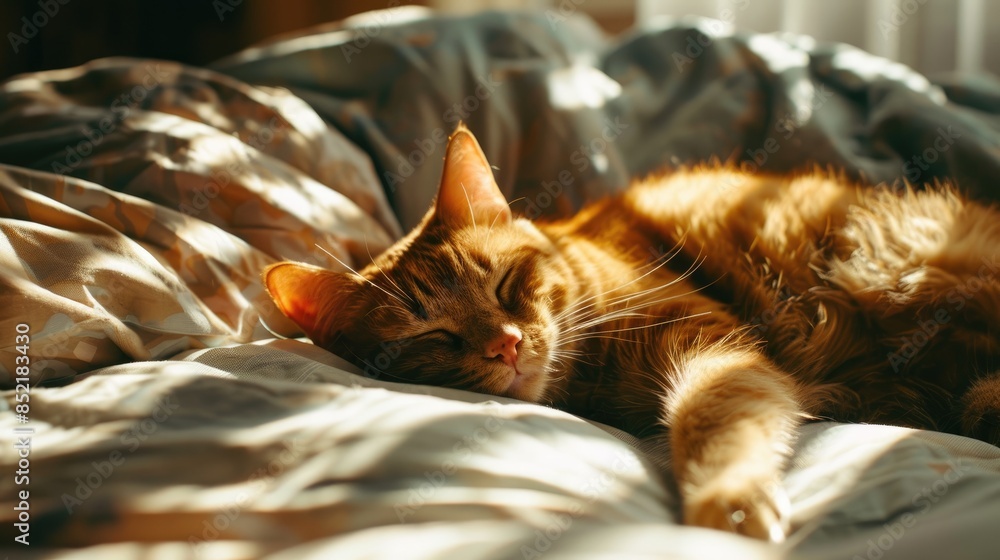 Canvas Prints A ginger cat rests on the bed under the sunlight