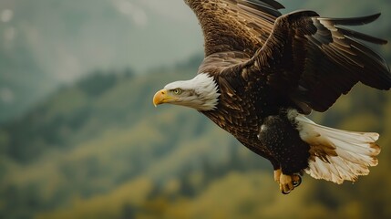 Fototapeta premium Bald Eagle with USA Flag in the background
