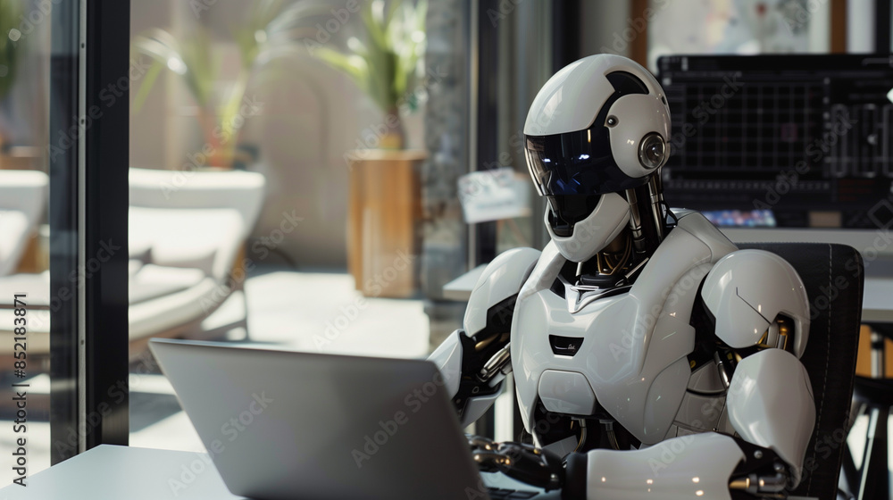 Poster ai replacing human in jobs concept photo. humanoid robot sitting at desk in office typing on laptop.