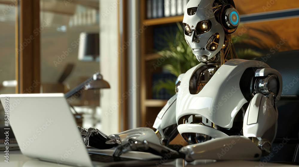 Poster ai replacing human in jobs concept photo. humanoid robot sitting at desk in office typing on laptop.