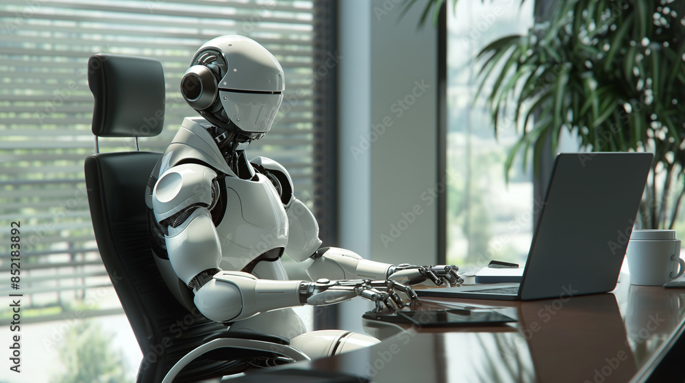 Poster ai replacing human in jobs concept photo. humanoid robot sitting at desk in office typing on laptop.