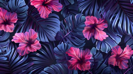 Vibrant hibiscus flowers and tropical leaves create a stunning pattern with deep blue and pink hues.