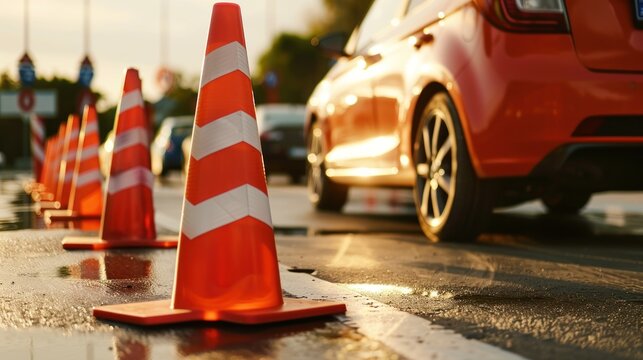 Car with Traffic cones in driving school, driving school concept, Copy space of transportation