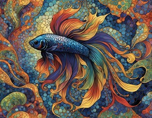Obraz premium A doodle style drawing of a colorful betta fish with elaborate fins.