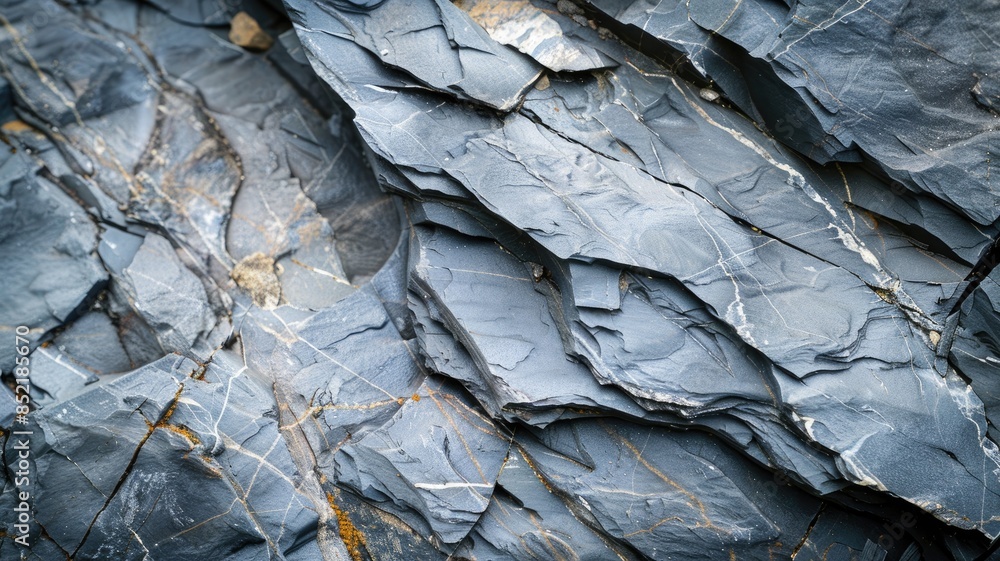 Poster close-up of layered metamorphic rock with visible strata and fractures