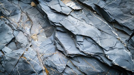 Close-up of layered metamorphic rock with visible strata and fractures