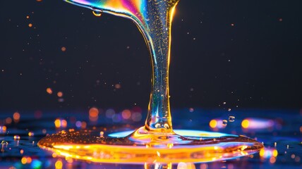 Close-up of colorful liquid pouring on reflective surface, creating mesmerizing, vibrant effect under lights