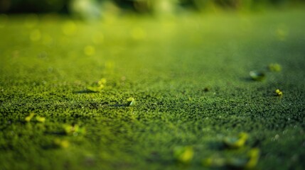 Close up photograph of a swamp pond surface covered in duckweed