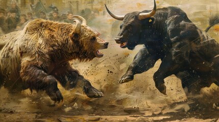 Fototapeta premium Bull and bear fighting. Furious huge bear and angry horned bull preparing for fight