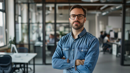 Fototapeta premium portrait of an American software engineer standing in modern office looking at camera, tech support worker 