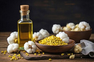 Cotton-seed Oil: A clear bottle of light yellow cotton-seed oil, with a few raw cotton bolls and seeds placed beside it.