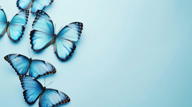 Blue Morpho butterflies on a light blue background