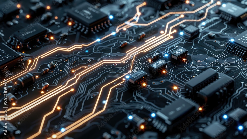Poster close-up of lit circuit board with glowing pathways and electronic components