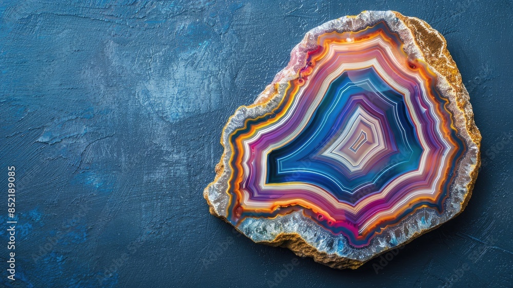 Poster colorful geode slice with concentric layers on textured blue background
