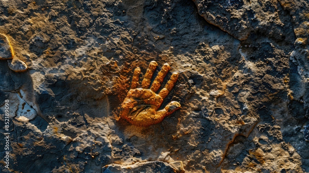 Poster handprint fossil impression on rough textured stone surface