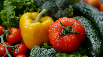 freshly washed vegetables from the garden pepper tomato broccoly zuccini