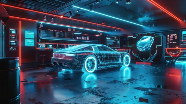 Innovation system diagnostic Auto in HUD UI style. Futuristic car service, scanning and auto data analysis